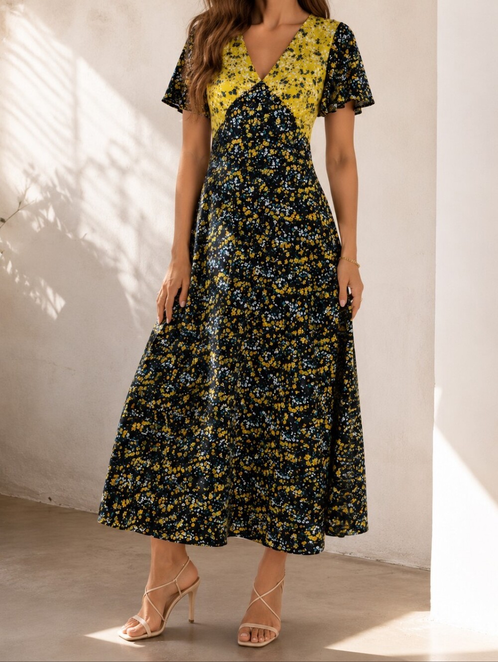 Girl In Mind Floral Midi Dress Yellow Black Lined Flutter Sleeve Size 4 Floral